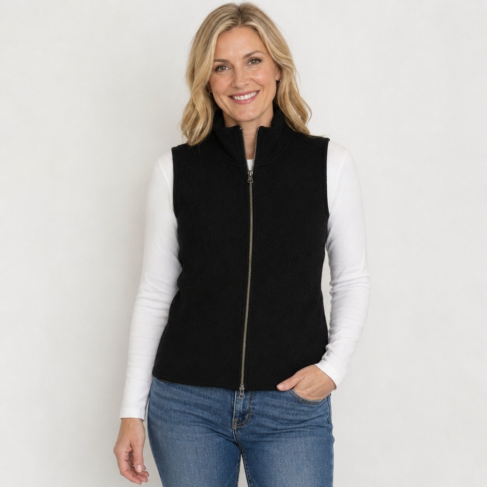 Woolrich Womens Small Black 100% Wool Full Zip Sweater Vest Mock Neck YKK